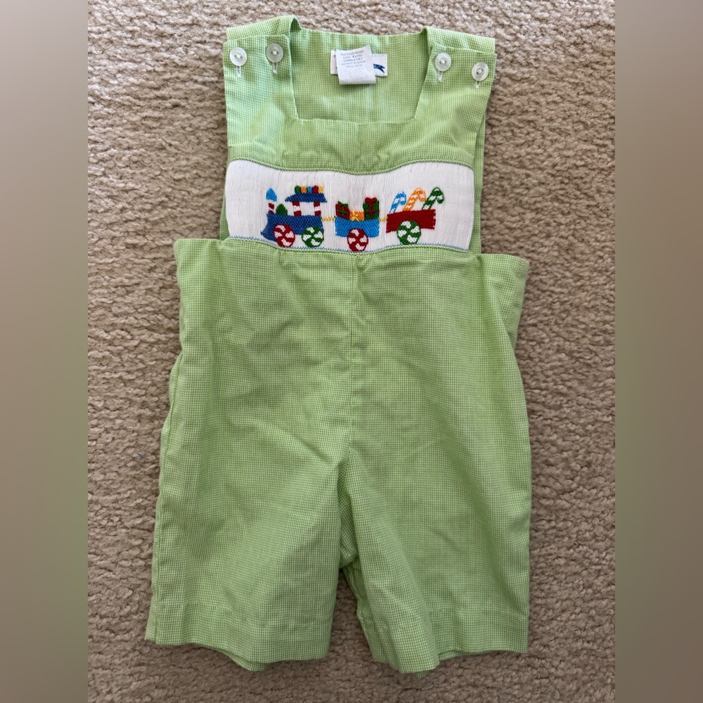Playful Kids Green Overalls with Train Embroidery